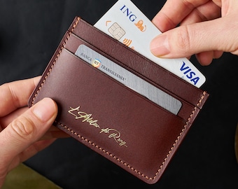 Minimalist Leather Card Holder, Handmade Slim Wallet, Vegetable Tanned Card Case, Custom Monogram Gift
