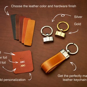 May include: A leather keychain with a silver metal accent and a brown leather strap. The image also shows color swatches, silver and gold hardware options, and a sample of personalized text. The text reads: "Choose the leather color and hardware finish" and "Get the perfectly made leather keychain."