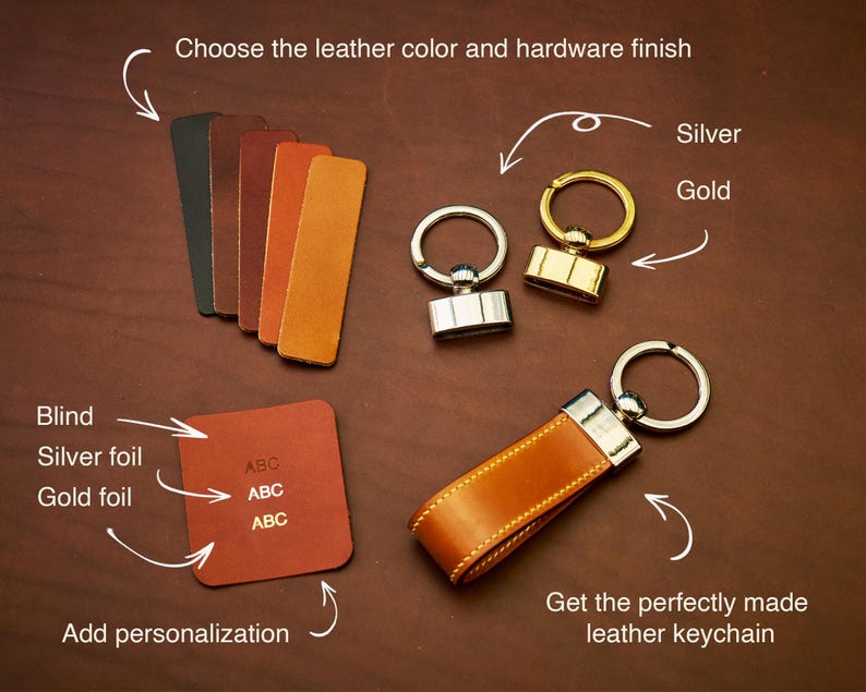 May include: A leather keychain with a silver metal accent and a brown leather strap. The image also shows color swatches, silver and gold hardware options, and a sample of personalized text. The text reads: "Choose the leather color and hardware finish" and "Get the perfectly made leather keychain."