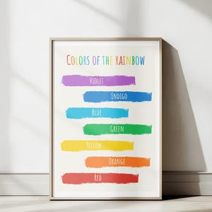 Póster de colores del arcoíris, arte mural educativo imprimible para niños, aprende los colores en inglés, aprende los colores del arcoíris, arte mural para habitación infantil