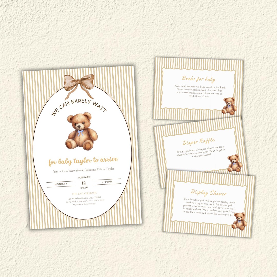Teddy Bear Baby Shower Invitation Bundle, We Can Bearly Wait Invite ...