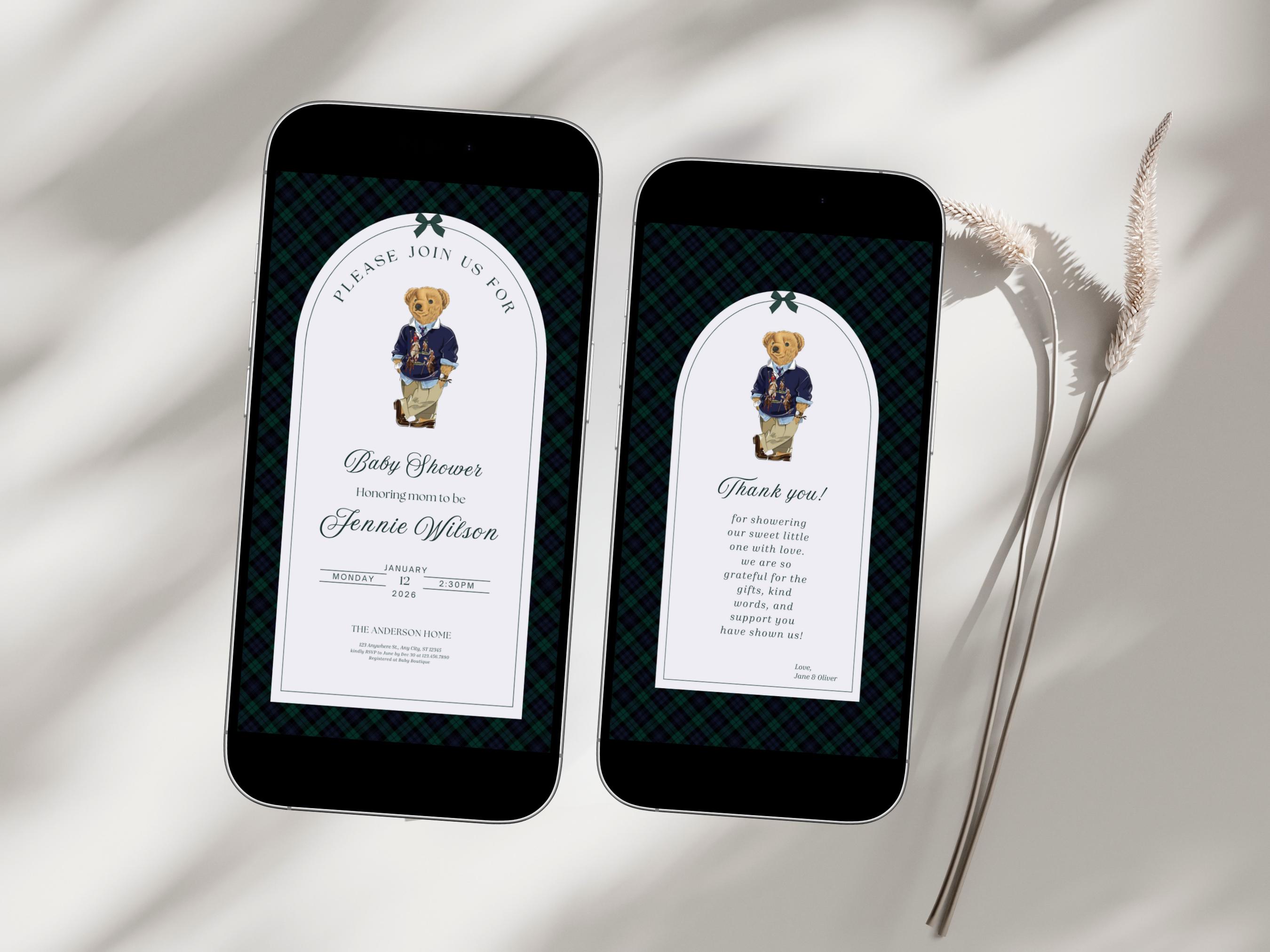 Editable Luxury Polo Teddy Bear Baby Shower Invitation Suite, Preppy ...