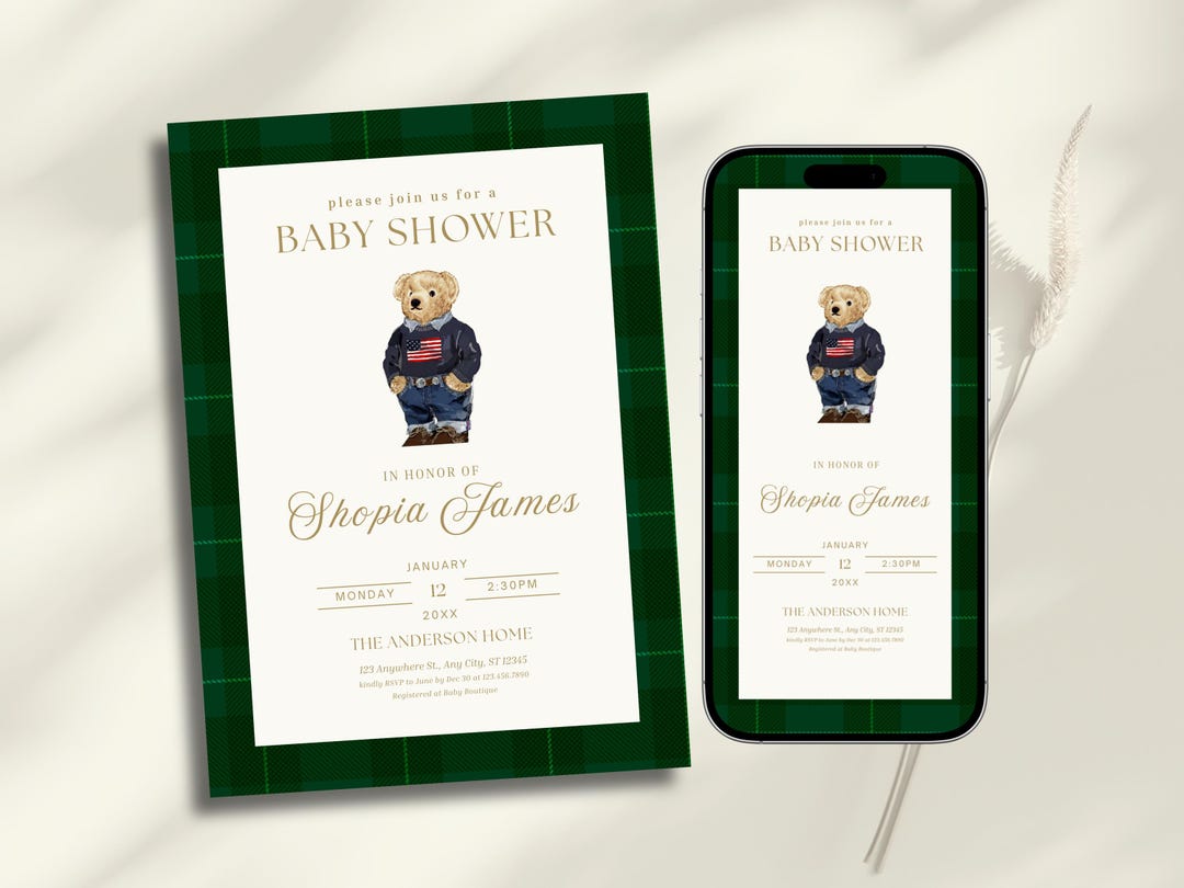 Polo Bear Baby Shower Invitation, Preppy Teddy Bear Invite, Classic ...