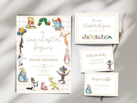 A New Chapter Begins Baby Shower Invitation Bundle, Book Themed Invitation Suite, Storybook Baby Shower Decor, Instant Download, BYS028