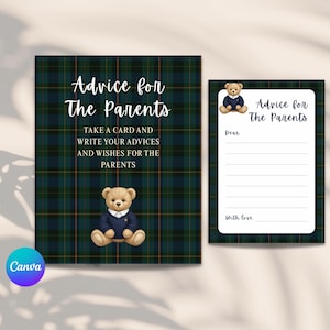 May include: Two-piece baby shower advice card set. The cards feature a green, navy, and gold plaid pattern. The larger card reads "Advice for the Parents" with a teddy bear illustration. The smaller card has lines for writing.