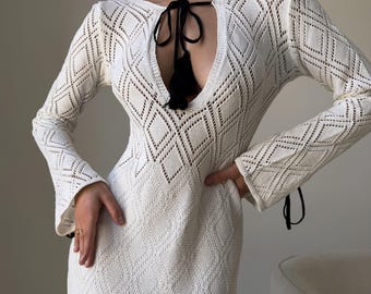 White Knitted Dress - Long Dress with Geometric Pattern, Reversible Neckline, Stylish Handmade Summer Dress, knitted women dress, knitwear