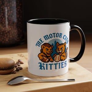 Motor City Kitties Accent Coffee Mug - Fun Cat Sports Mug, Gift for Cat Lovers, Coffee Enthusiast, Adorable Animal Decor, Unique Kitchenware