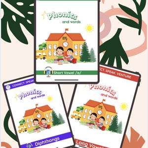 May include: Digital tablets displaying "Phonics and words" with illustrations of a school, children, and a school bus. The tablets feature titles like "Short Vowel /a/," "Diphthongs," and "Long Vowels."