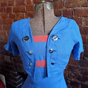 1950s/60s sleeveless nautical sailor shift dress with button-on shrug jacket