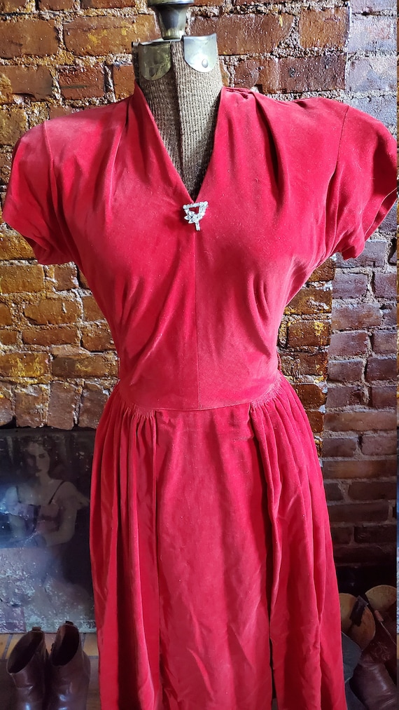 1940s/1950s Ellen Kaye Red Velveteen Holiday Dress