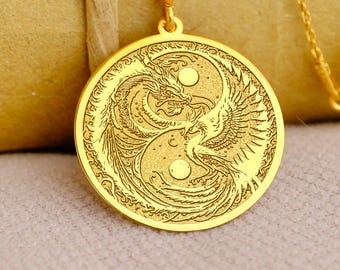 14Kゴールド陰陽ペンダント：龍鳳凰ネックレス、古代中国ジュエリー