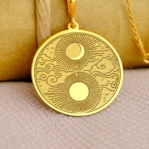 Sun & Moon Yin Yang Necklace – Celestial Balance Pendant, Cloud Divider Design, Spiritual Sky Jewelry, Gold or Silver Gift for Her or Him