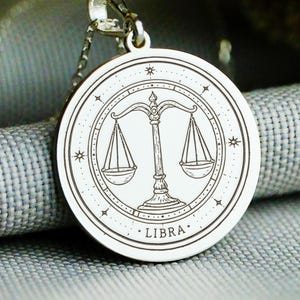 Libra Zodiac Medallion Necklace - Custom Engraved, 14K Gold Horoscope Pendant, Astrology Jewelry, Gift for Her