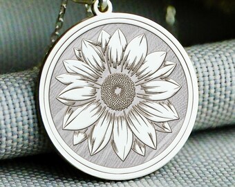 Collar con girasol grabado: colgante floral de plata de ley