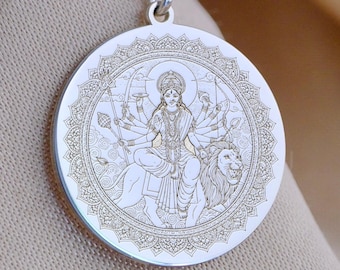 Durga Pendant Necklace – Hindu Goddess Jewelry – Sterling Silver, Vermeil & 14K Gold