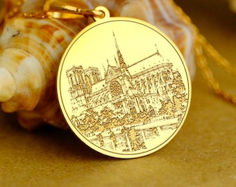 Oro macizo de 14 quilates - Colgante de Notre Dame de París, collar con la catedral gótica (oro y plata)