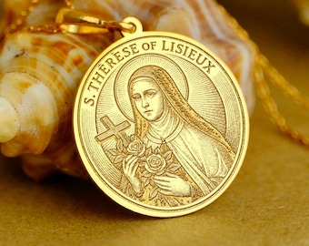 14K Massivgold - St. Thérèse von Lisieux Halskette - handgraviertes Rosendesign