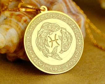 Collar del signo zodiacal Piscis: Colgante grabado en oro o plata de ley.