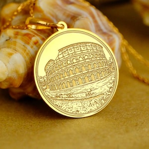 Colosseum Necklace – 14K Gold Roman Medallion, Custom Engraved Italy Travel Gift, Ancient Architecture Jewelry