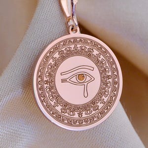 Eye of Ra Necklace – 14K Gold Egyptian Protection Pendant, Custom Engraved Amulet Jewelry, Gift for Him or Her
