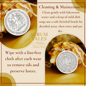 May include: A close-up of two silver pendant necklaces with intricate engraved designs. The pendants are circular, featuring detailed patterns. The image includes text about cleaning and maintenance, and the brand name "AURUM TALES Atelier".