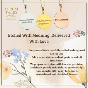 May include: Three round pendant necklaces in silver, gold, and rose gold. Each pendant is engraved with text: "Memento Mori Amor Fati", "08.07.2025 Forever", and "Personalized". The image also includes text: "Etched With Meaning, Delivered With Love."