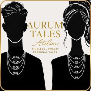 May include: Silhouettes of a man and woman wearing necklaces of varying lengths, from 40 cm to 60 cm. The image features the text "AURUM TALES Atelier" and the tagline "TIMELESS JEWELRY, PERSONAL TALES."