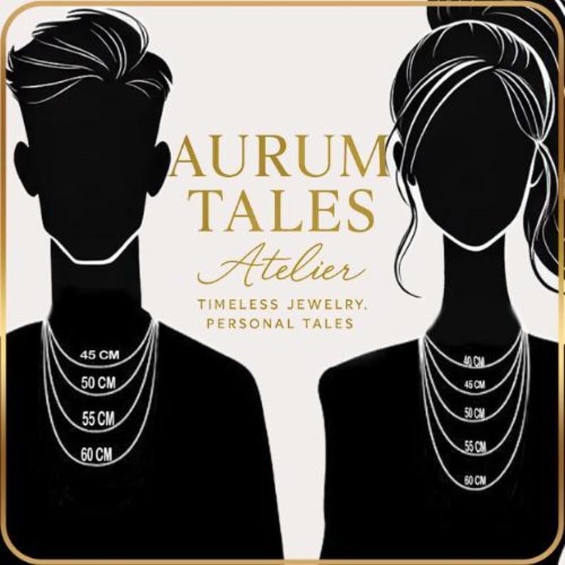 May include: Silhouettes of a man and woman wearing necklaces of varying lengths, from 40 cm to 60 cm. The image features the text "AURUM TALES Atelier" and the tagline "TIMELESS JEWELRY, PERSONAL TALES."