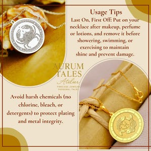 May include: Two gold-colored necklaces with circular pendants featuring zodiac symbols. One pendant displays a crab, the other two fish. The image includes text advising on necklace care, such as avoiding harsh chemicals and putting on the necklace last.