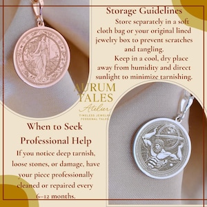 May include: Two pendant necklaces with detailed engraved designs. One is rose gold, featuring a woman, and the other is silver, depicting a muscular figure. The image includes text about jewelry care and professional cleaning.