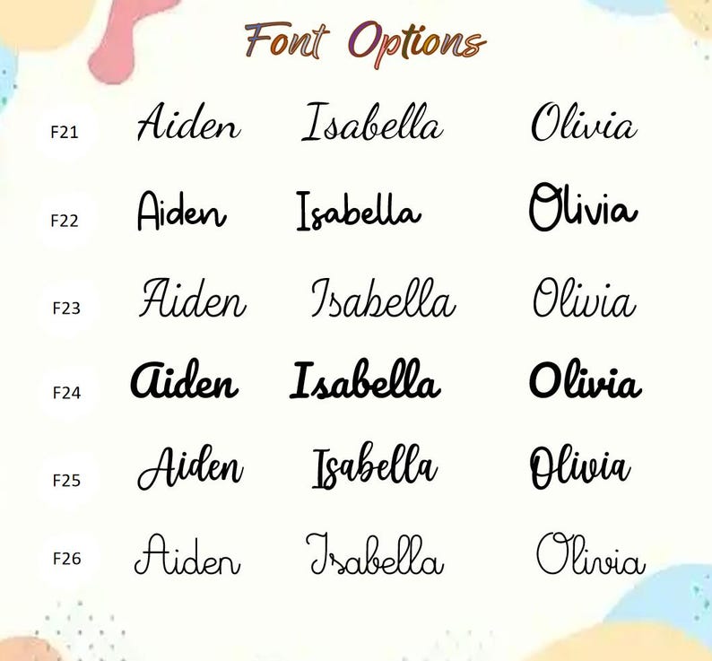 May include: A white background showcases font options for names. The text "Font Options" is at the top. Below are the names "Aiden", "Isabella", and "Olivia" in various font styles, labeled F21 to F26.