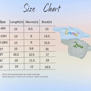 May include: A size chart for children's clothing, with measurements in inches for length, sleeve, and bust. Two small sweaters are shown, one light blue with "Emma" and one gray with "Jane" embroidered on them. The chart includes sizes from 0-6M to 5T.