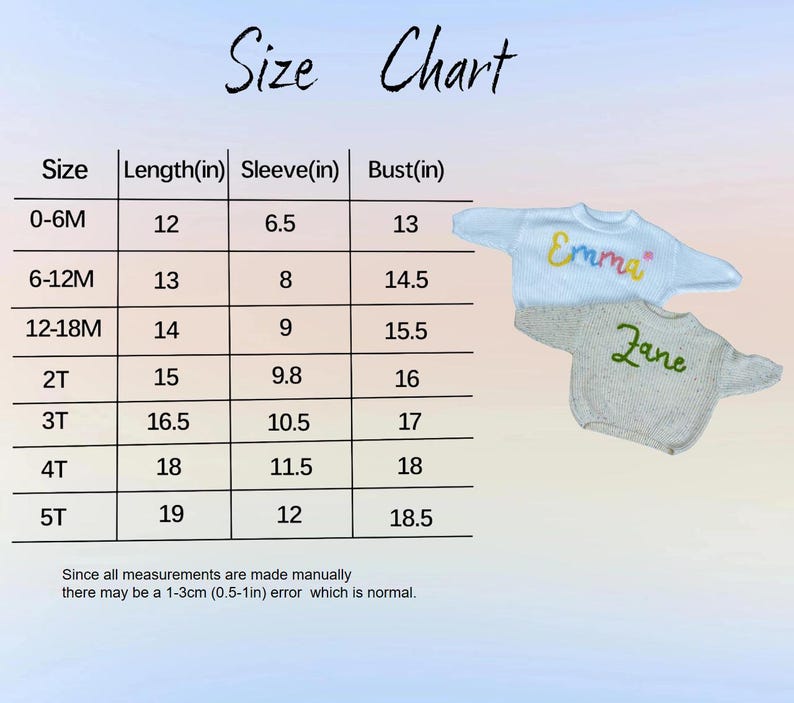 May include: A size chart for children's clothing, with measurements in inches for length, sleeve, and bust. Two small sweaters are shown, one light blue with "Emma" and one gray with "Jane" embroidered on them. The chart includes sizes from 0-6M to 5T.