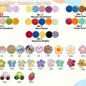 May include: An image displaying embroidery thread colour palettes and embroidered icons. The thread colours are arranged in sets, with names such as "Pastel Garden" and "Ocean Quest." The icons include flowers, butterflies, cars, and a strawberry.