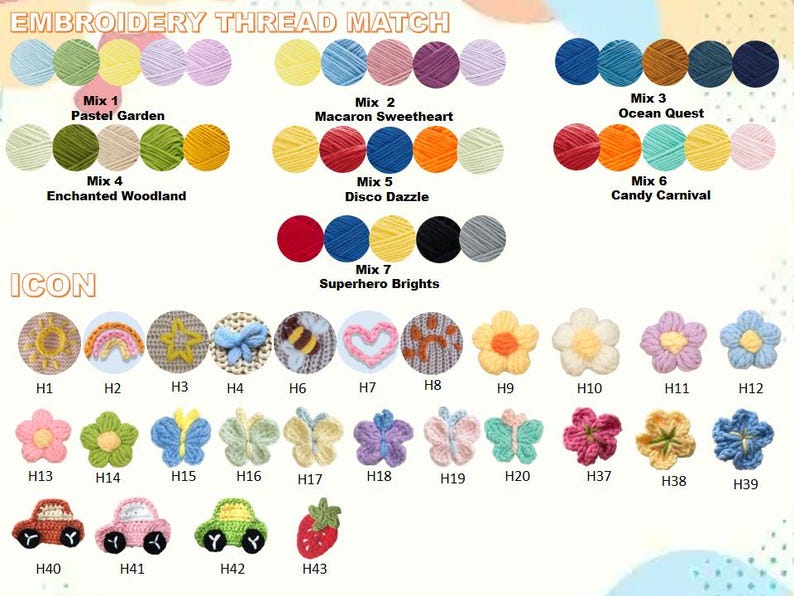 May include: An image displaying embroidery thread colour palettes and embroidered icons. The thread colours are arranged in sets, with names such as "Pastel Garden" and "Ocean Quest." The icons include flowers, butterflies, cars, and a strawberry.