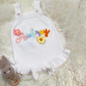 Adorable Hand-Embroidered Romper with Baby&#39;s Name, Personalized Knit Style. Great for 1st Birthday, Cake Smash—lovely Baby Shower Gift too.