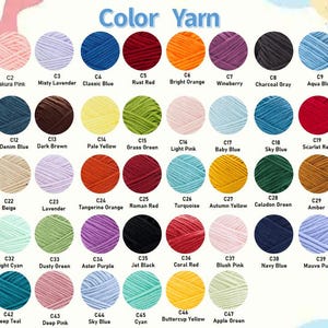 May include: A colour chart of yarn skeins, each labelled with a colour name and code. Colours range from white to black, including shades of pink, blue, green, yellow, orange, and purple. The text "Color Yarn" is at the top.