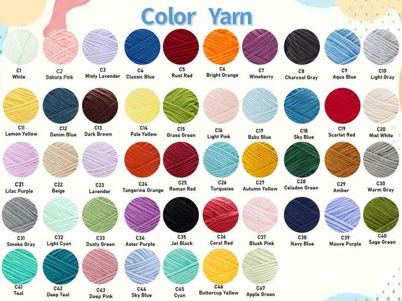 May include: A colour chart of yarn skeins, each labelled with a colour name and code. Colours range from white to black, including shades of pink, blue, green, yellow, orange, and purple. The text "Color Yarn" is at the top.