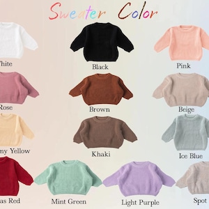 May include: A selection of crew neck sweaters in a range of colours: white, black, pink, rose, brown, beige, creamy yellow, khaki, ice blue, Christmas red, mint green, light purple, and spot white. The text "Sweater Color" is at the top.