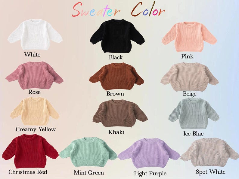 May include: A selection of crew neck sweaters in a range of colours: white, black, pink, rose, brown, beige, creamy yellow, khaki, ice blue, Christmas red, mint green, light purple, and spot white. The text "Sweater Color" is at the top.