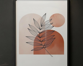 Può includere: Stampa artistica incorniciata con un disegno a tratto nero di una pianta con foglie lunghe. Lo sfondo include forme geometriche nei toni del pesca e del terracotta. L'opera d'arte è racchiusa in una cornice nera.