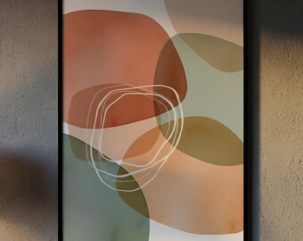 Peut inclure: Impression d'art abstrait dans un cadre noir. L'œuvre présente des formes organiques superposées dans des tons rouille, vert olive et pêche, avec un motif circulaire blanc en forme libre au centre. Le fond est de couleur blanc cassé.
