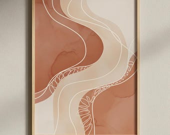 Abstract Boho Terracotta Wall Art Print, Minimalist Neutral Wave Poster, Modern Mid Century Organic Line Art, Earth Tone Home Decor