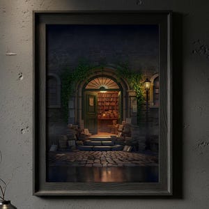 Stampa artistica della libreria Dark Academia / Stampa murale vintage della biblioteca magica / Stampa decorativa Cozy Cottagecore / Regalo per gli amanti dei libri / Poster dell&#39;angolo lettura