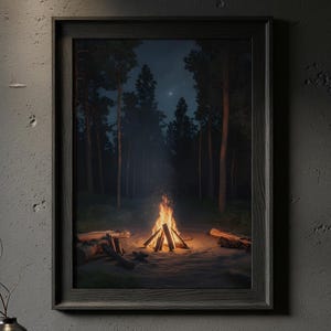 Moody Pine Tree Wall Art | Rustic Campfire Oil Painting Print | Vintage Forest Cabin Decor | Dark Camping Theme Poster | Moody Cabin Decor
