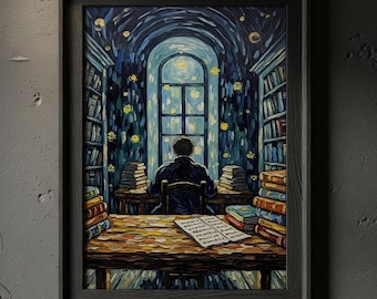 Magical Library Art Print | Book Lover Art Print | Dreamy Reading Nook Poster | Cozy Library Wall Decor | Van Gogh Style Painting