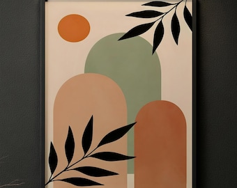 Arte de parede abstrata em arco de terracota estilo boho, estampa minimalista de folha botânica, pôster neutro moderno de meados do século, decoração escandinava para casa.