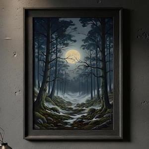 Enchanted Forest Art | Moonlit Path Painting | Serene Landscape Print | Dark Academia Wall Decor | Full Moon Fantasy Print