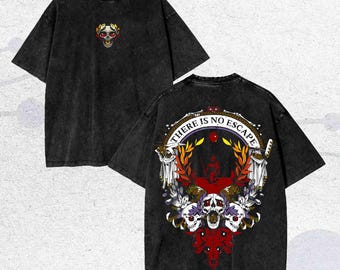 ヴィンテージ アンダーワールド スカルリースTシャツ、ダークミスト クレストシャツ、ゲーマー向けエスケープ・ノー・モア ゴシックトップ