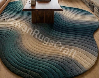 May include: An irregular, organic-shaped area rug featuring a gradient of wavy, textured lines in shades of deep teal, forest green, and soft beige. The rug displays the text RiWanRugsCraft across its surface, set on a light wood floor.